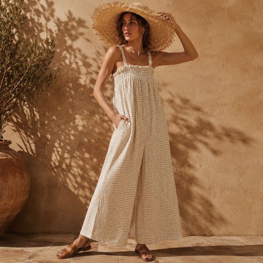 Laude the Label Laurel Jumpsuit XS/S White Gingham Organic Cotton Overalls
